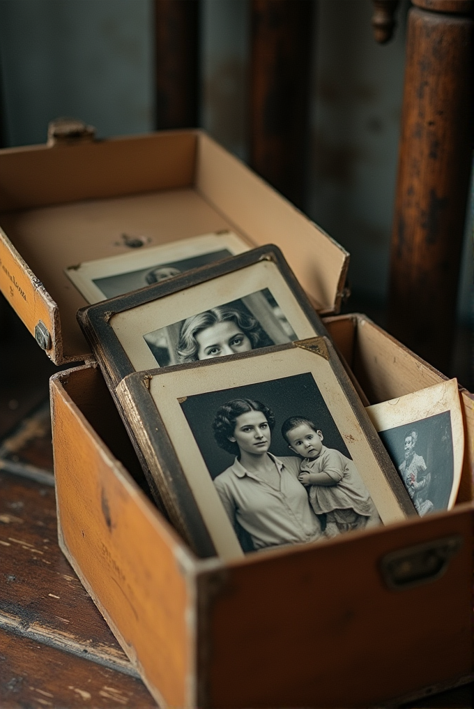 A vintage box contains old black and white portraits of people, capturing moments from the past.