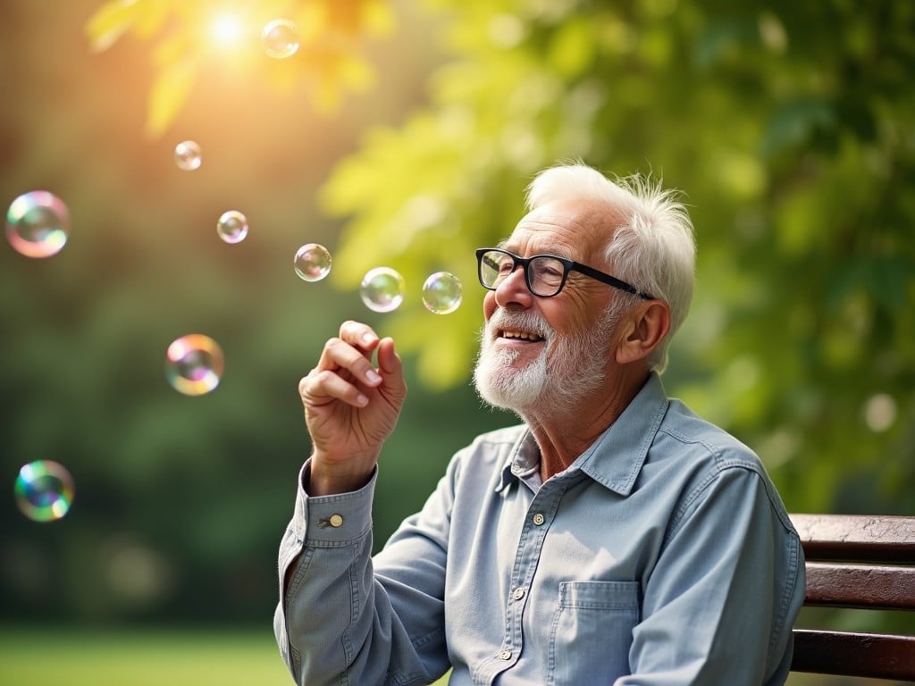 The image depicts an elderly man sitting on a bench outdoors, blowing bubbles. He has a brilliant smile and a twinkle in his eye, conveying a sense of joy and contentment. The background is blurred, with vibrant green foliage suggesting a lush, serene environment. Sunlight filters through the leaves, creating a warm and inviting atmosphere. The image captures the essence of enjoying simple pleasures in life and the beauty of aging gracefully.