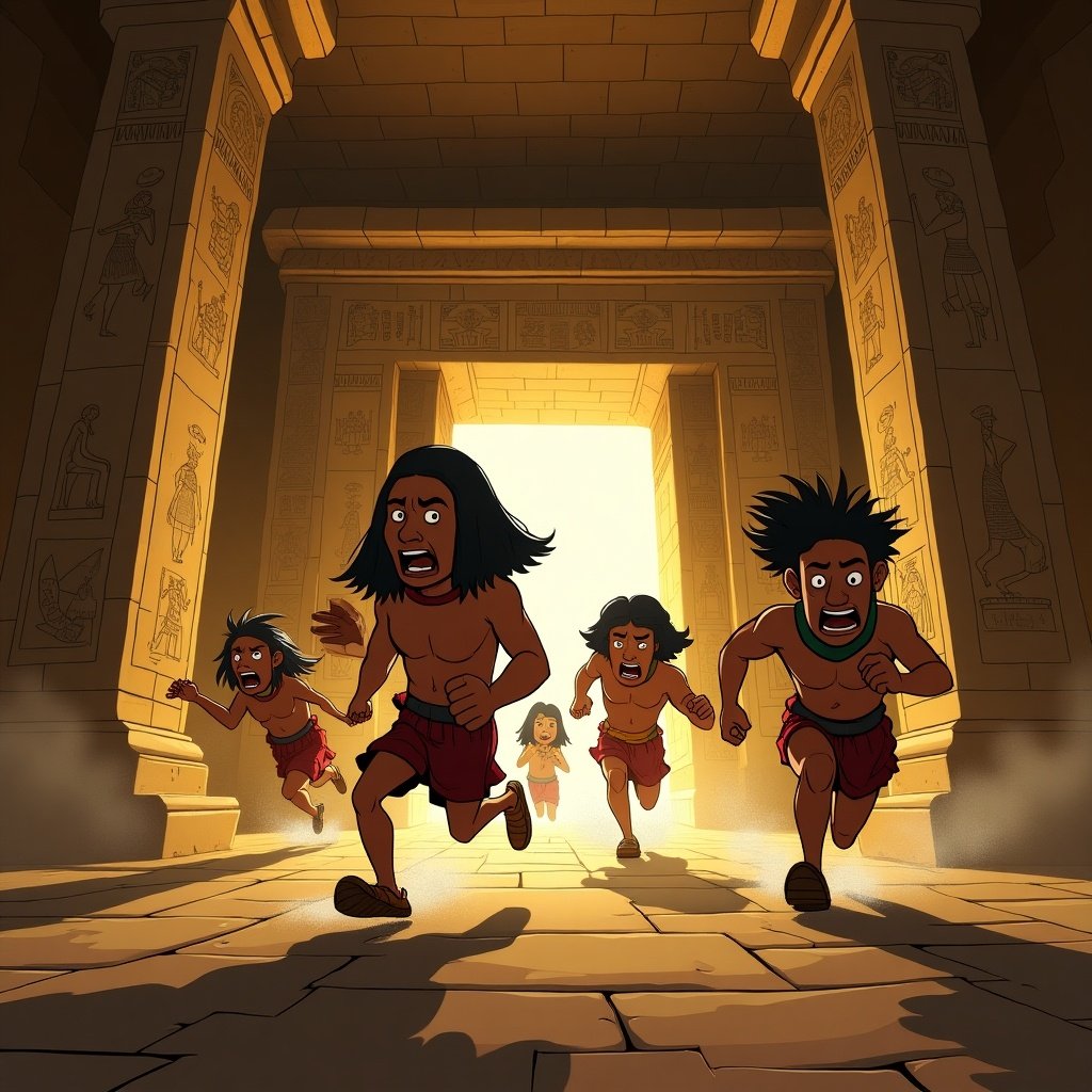 Cartoon characters in an Egyptian tomb running to an exit. Characters are depicted in motion with a bright light ahead. Tomb architecture is detailed with hieroglyphics.