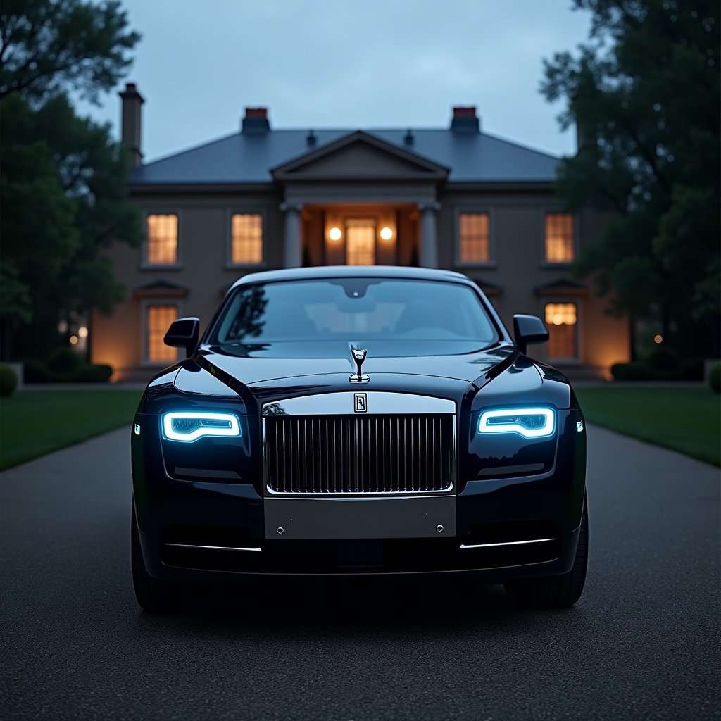 Generate an image of a black Rolls Royce standing in front of a large mansion. The car is turned on with blue headlights. The mansion is well lit at night. The scene captures luxury and elegance.