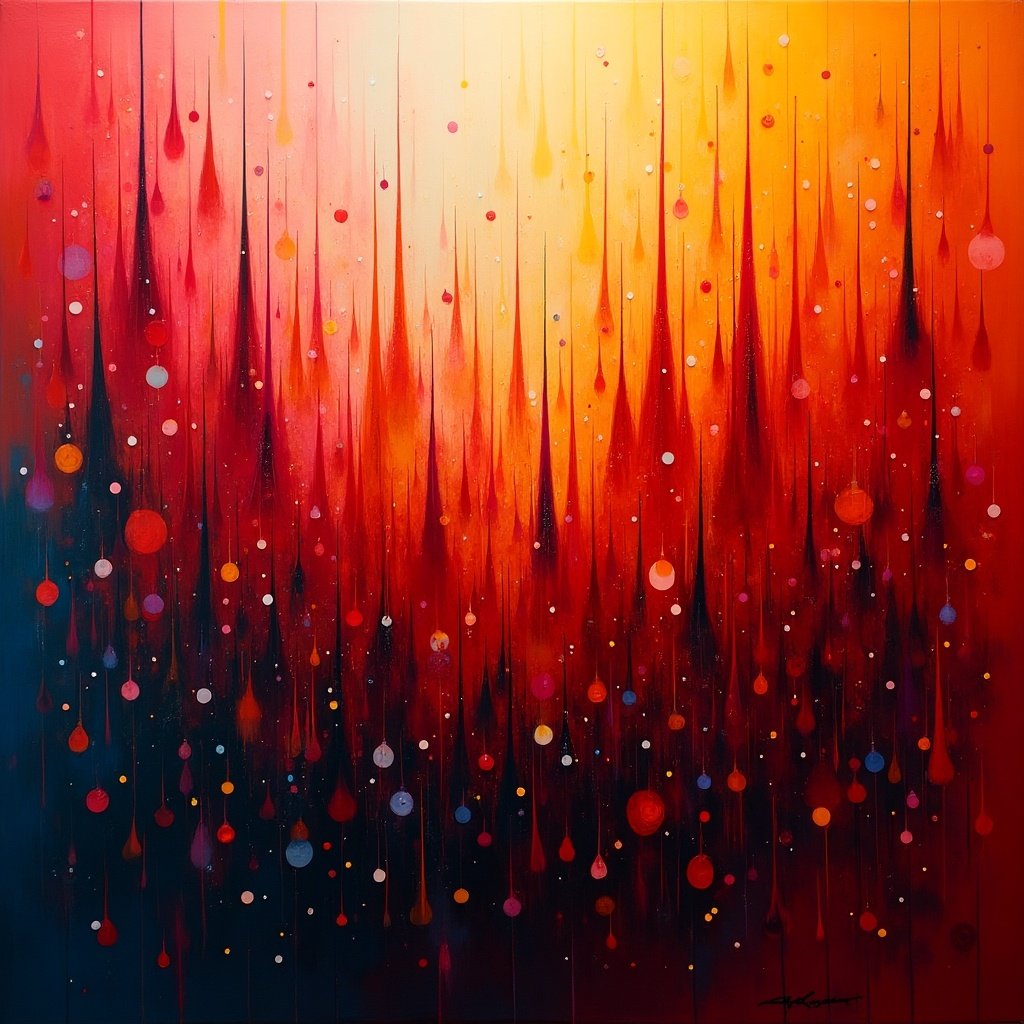 A vibrant abstract composition includes colorful spikes and swirls. The design features dynamic fluid motion in red tones. The artwork exudes a rainy mood with drops and a bright background.