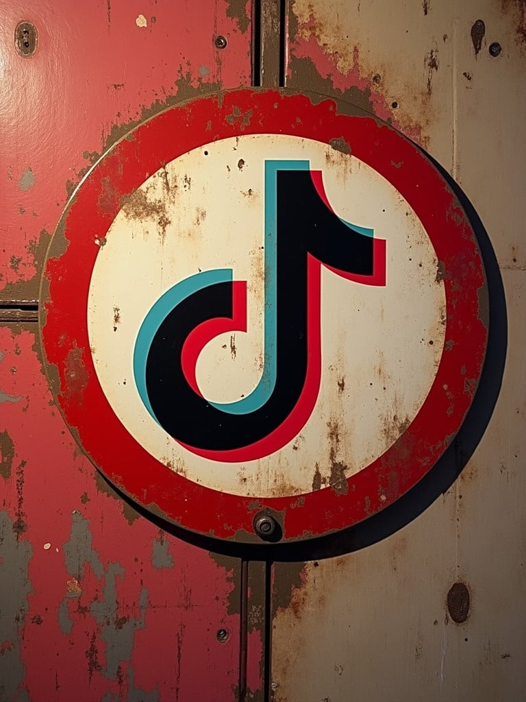 Weathered sign features the TikTok logo. The logo is prominent in the center. The background has peeling paint. The colors are bold and striking. The composition focuses on the logo. The texture of the sign is textured and slightly rusted.