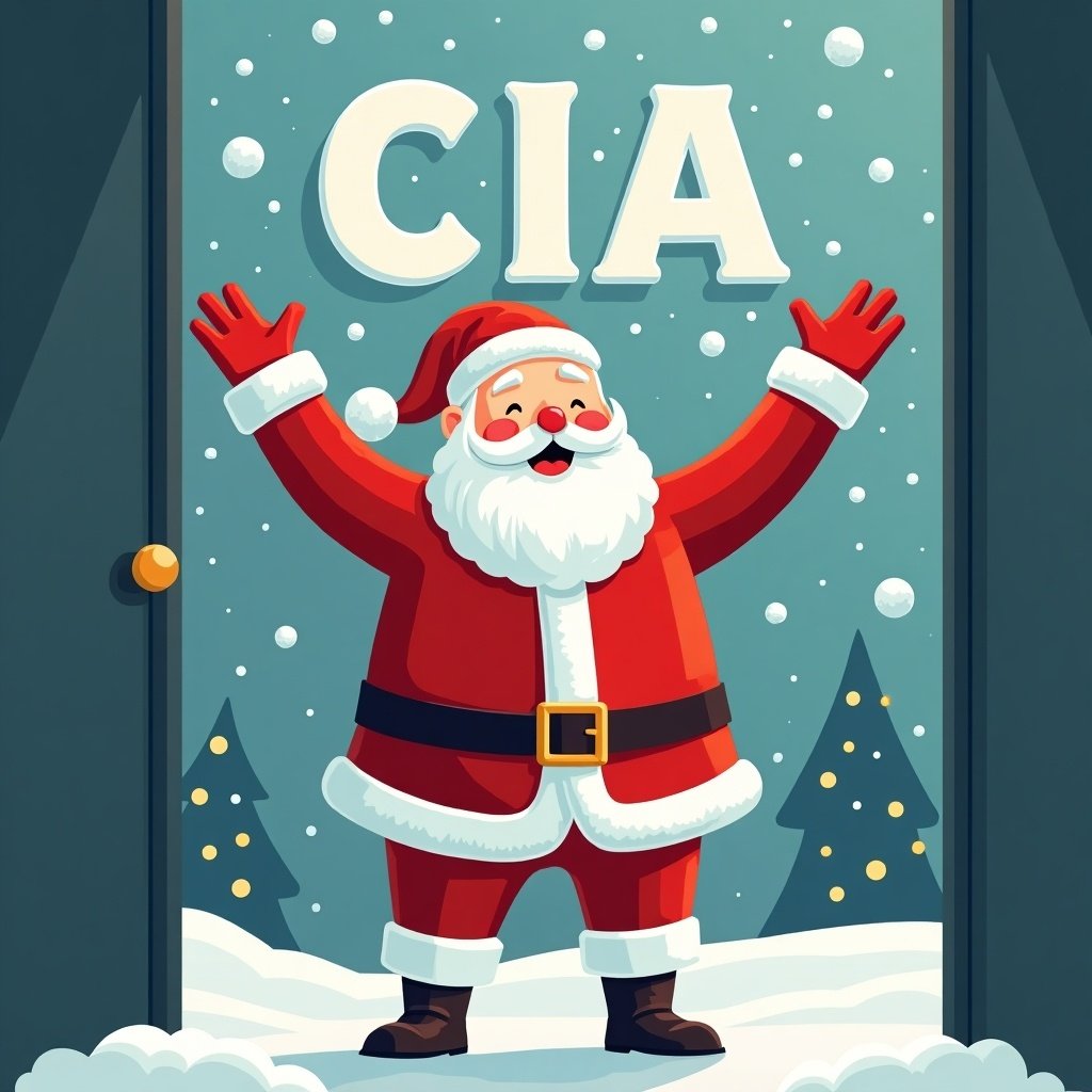 Cheerful image of Santa Claus in a remote home office. Santa stands with arms raised in celebration. Large playful letters spelling 'CIA' above him. Snowflakes fall around the scene. Image radiates happiness and festive cheer.