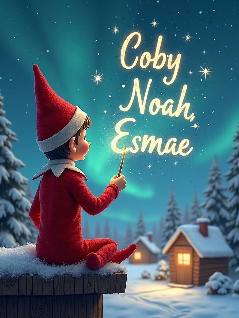 A magical sky above a snowy landscape with evergreen trees. An elf sits on a wooden ledge dressed in red holding a sparkling wand. The elf writes names in the starry sky. Charming wooden houses appear in the background under the Northern Lights. A scene filled with childhood magic and Christmas cheer.