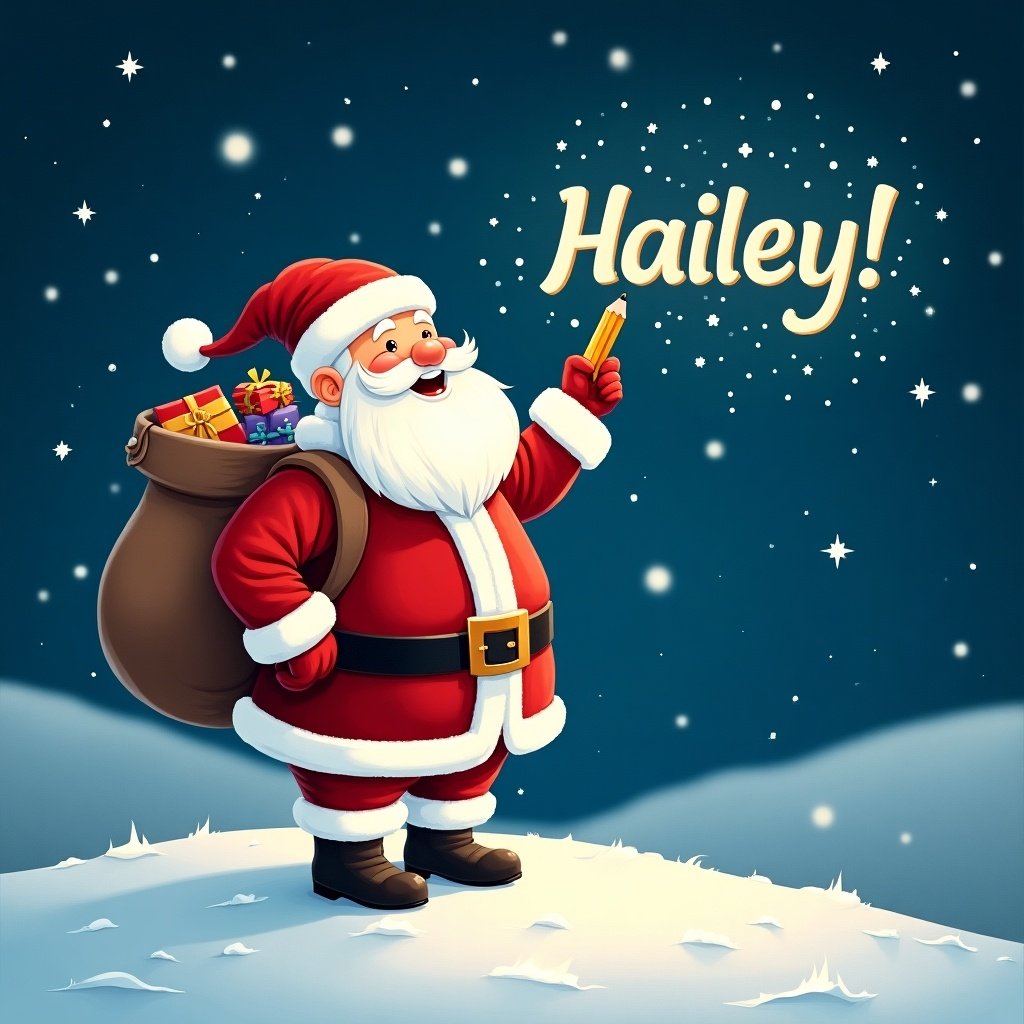 Santa Claus stands on a snowy hill under a starry night sky. He is holding a pencil and looking up as he writes names in the sky. He has a large sack of gifts. The phrase 'Hailey!' is displayed in a whimsical font.