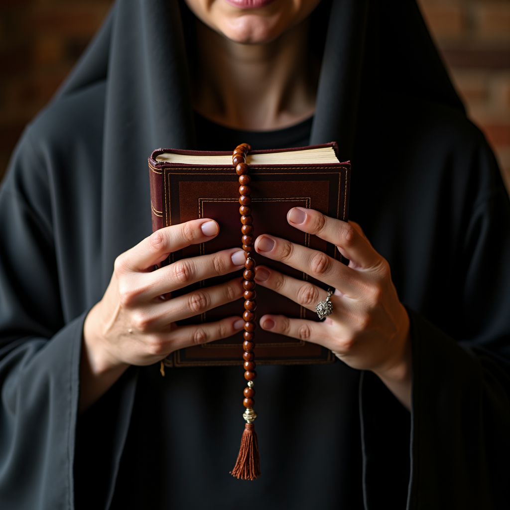 A person in a dark robe holds a book and prayer beads, symbolizing spirituality.