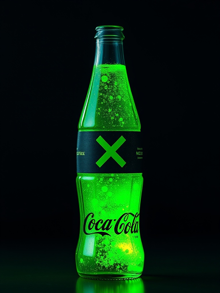 This image features a Coca-Cola bottle glowing in a vivid green hue against a dark background. The effervescent bubbles inside the bottle add a dynamic quality, contributing to the drink's futuristic and intriguing appearance. The contrast between the vibrant green glow and the dark surroundings emphasizes the unique visual effect.