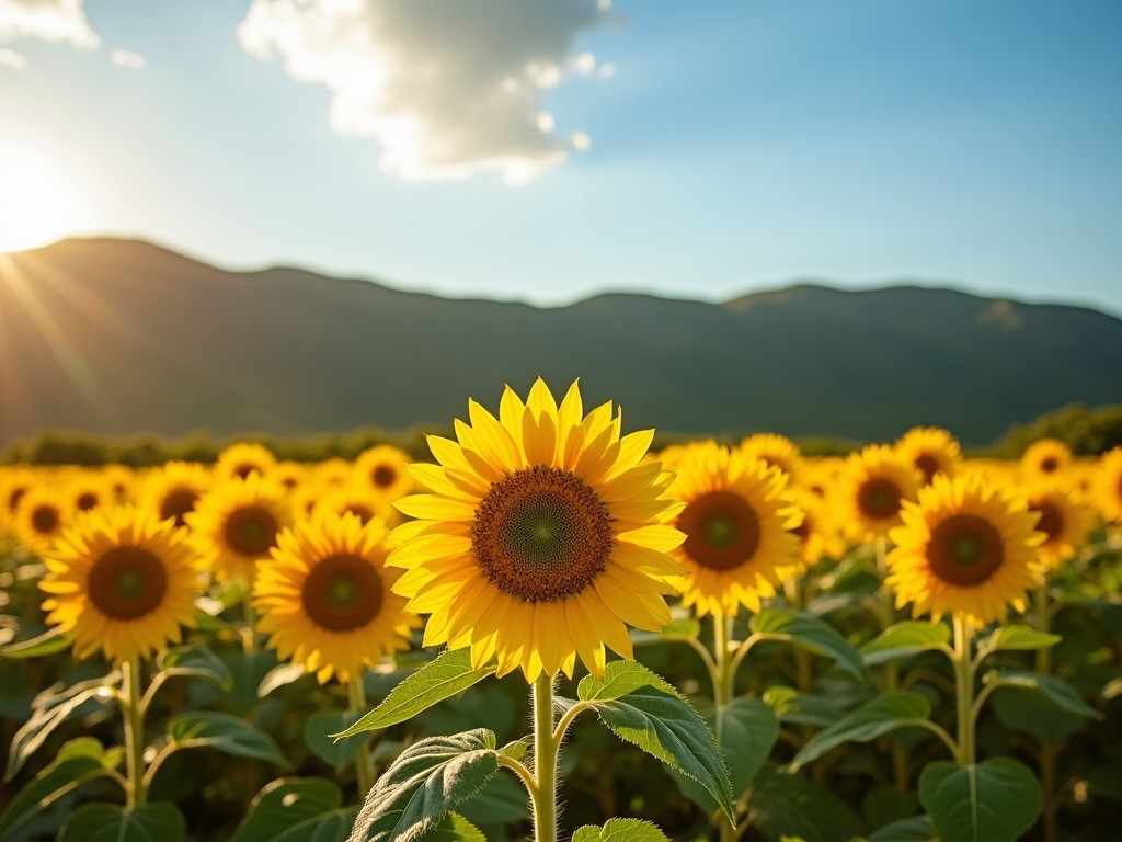 The image features a vibrant sunflower field bathed in golden hour sunlight. In the foreground, a single sunflower stands prominently against the backdrop of a vast field. The sunflowers are bright yellow, contrasting beautifully with their green leaves. In the distance, mountains rise against a clear blue sky. The whole scene is lively and captures the beauty of nature during sunset, evoking a sense of tranquility and joy.