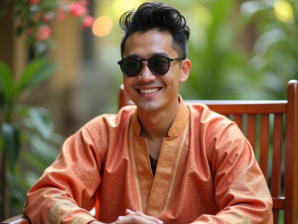 A smiling man is sitting comfortably in a warm garden chair. He is wearing traditional Asian attire that features an intricate design and an orange hue. His hairstyle is trendy, adding a modern touch to his look. Dark sunglasses give him a cool vibe while he enjoys the serene garden atmosphere. The background features lush greenery, enhancing the overall warmth of the scene.