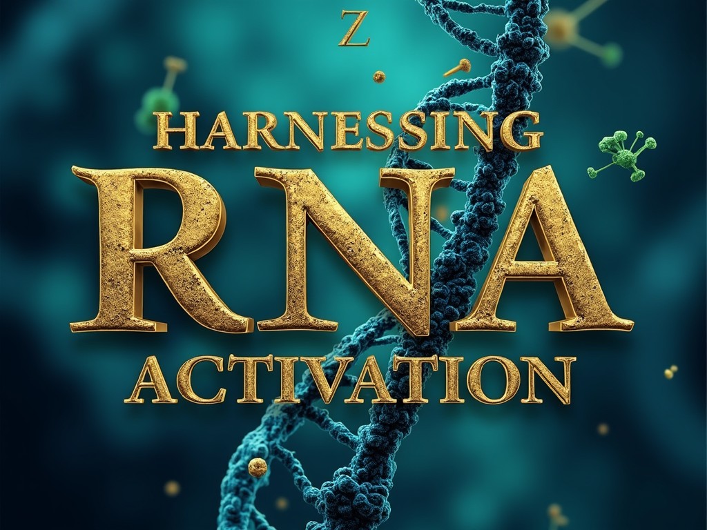 The image features a visually striking depiction centered around a DNA helix theme. The title 'Harnessing RNA Activation' is displayed prominently in an elegant gold font, radiating sophistication. The background consists of deep teal colors that contrast beautifully with the title, evoking a sense of depth and scientific inquiry. Small, subtle representations of viruses are scattered, hinting at the relevance of RNA in medical science. This illustration is designed to attract attention and convey the importance of RNA activation in future medical advancements.