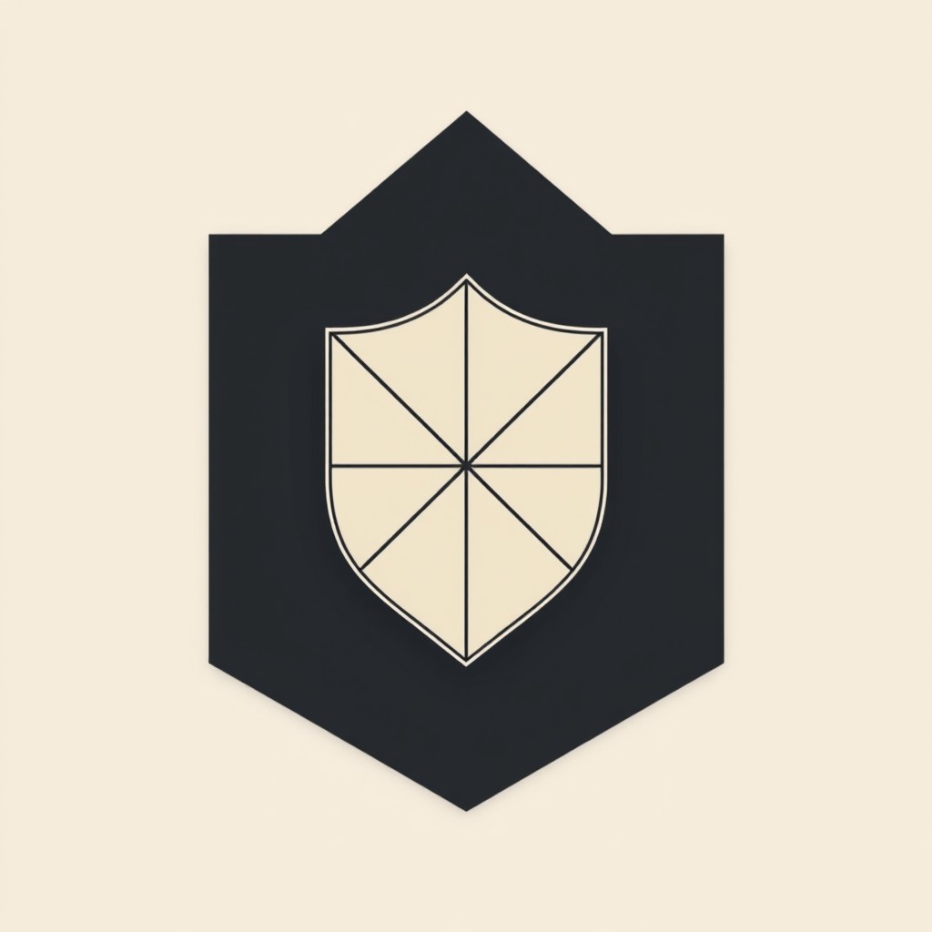 A stylized shield emblem with geometric patterns on a soft background.