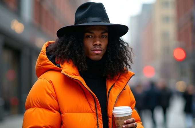 A person with long curly hair and a black hat holds a coffee cup, wearing a bright orange jacket in a city street.