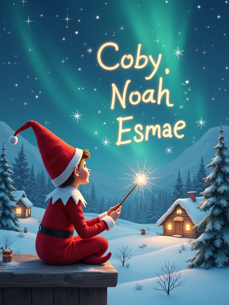 An elf sits on a wooden ledge gazing at a magical sky. Dressed in a red outfit with a pointed hat, the elf holds a sparkling wand. The elf writes the names ‘Coby', ‘Noah', and ‘Esmae’ in the sky. Background features a snowy landscape with houses and evergreen trees under Northern Lights. Scene captures childhood magic and Christmas cheer.