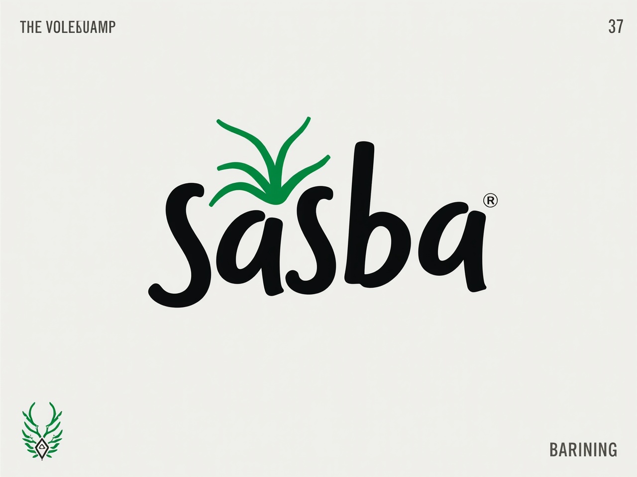 The logo features the word 'Sasba' in a stylized font. The letter 'S' is emphasized with a playful design. Above the 'S' are green, grass-like elements, suggesting a natural or organic theme. The overall color scheme is predominantly black with green accents. The design focuses on simplicity and modern aesthetics.