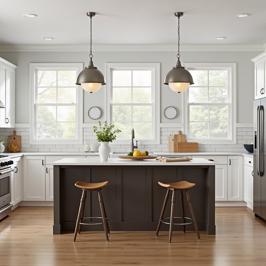 Image of a modern kitchen featuring a 4' x 10' kitchen island. Bright space with large windows. Two Savoy House pendant lights hang above the island. White cabinetry and wooden stools create a warm ambiance.