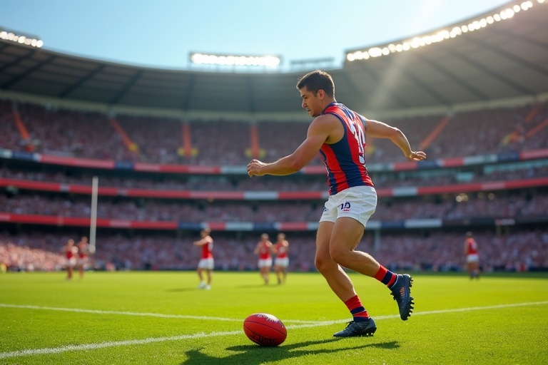 A man playing for the Adelaide Crows on Adelaide Oval lining up for goal in front of a sellout crowd.