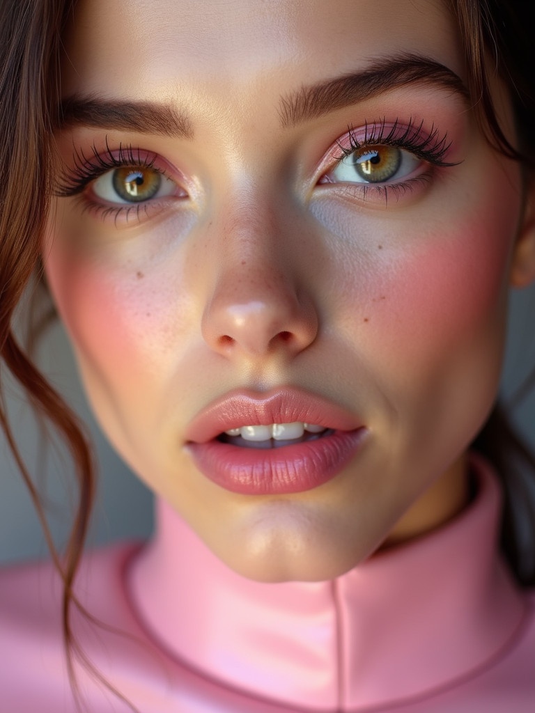 Closeup of a young woman in her twenties. She has large bright eyes with a unique rosy pink hue. Expertly applied makeup features soft pastel pink eyeshadow with shimmer. Long defined lashes and a light pink blush across her cheeks. Glossy pink lips shine delicately. She wears a stunning leather dress with a shiny finish.