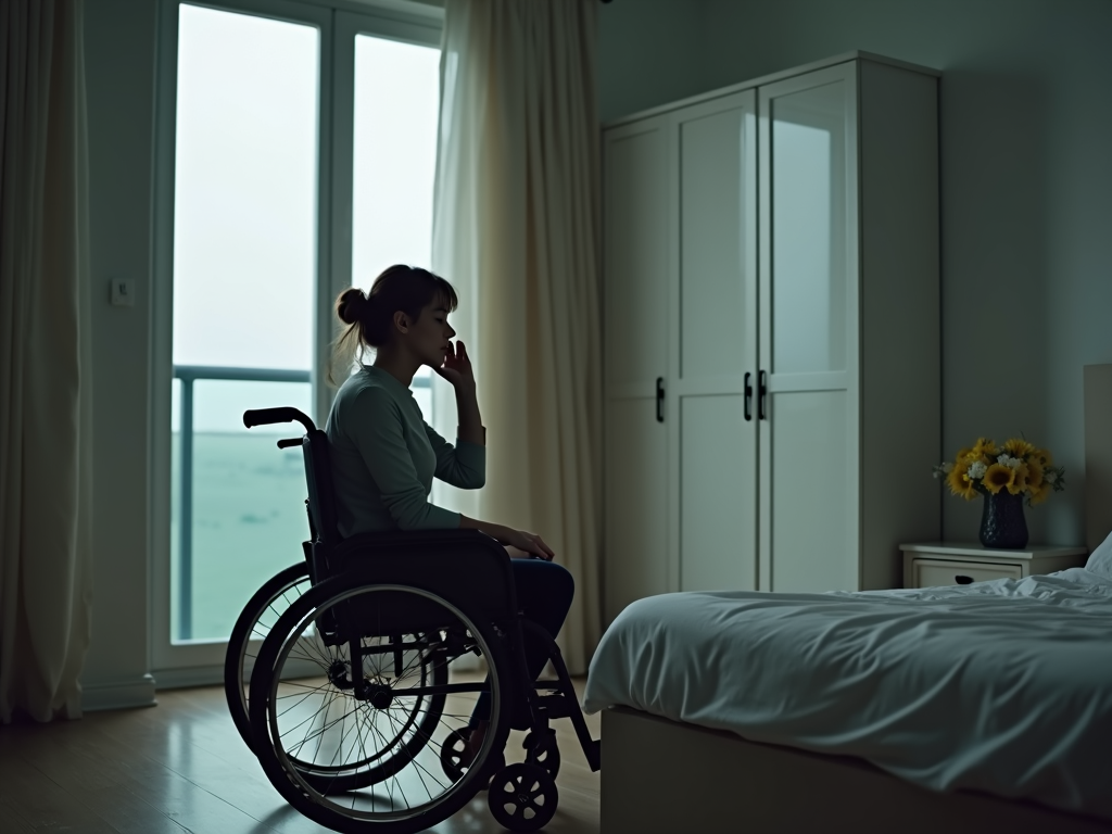 A woman in a wheelchair quietly reflects in a serene, softly lit bedroom beside a large window with curtains, adjacent to a bed and a wardrobe.