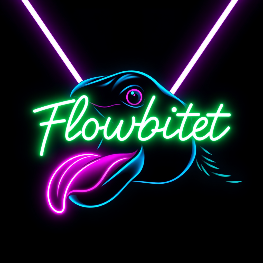 A neon sign with 'Flowbitet' in bright colors and a playful design.