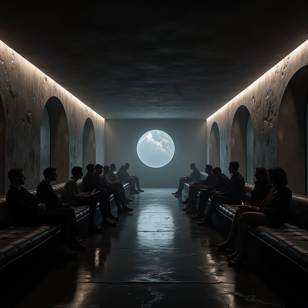 A dark modern underground hideout. People are lounging in a spacious area. The architectural design features a long hallway. An illuminated round window reveals the earth. Minimalistic seating is arranged along the sides. The atmosphere is calm and inviting.