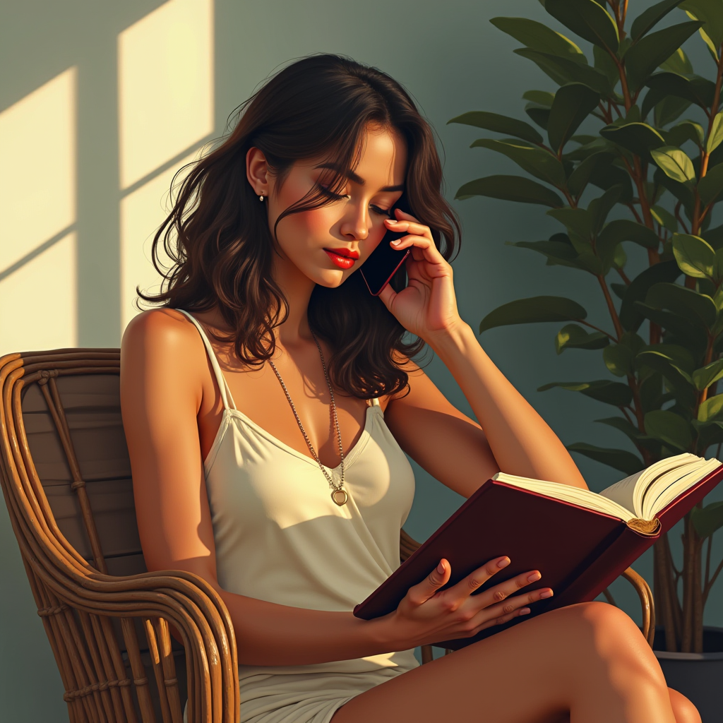 A woman in a white dress is sitting in a chair, reading a book and talking on her phone.