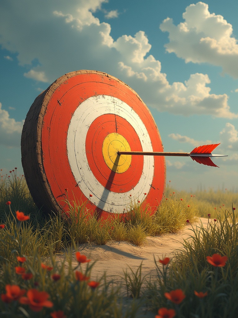 Image for annual strategic goal setting. Visualize target precision and focus. Inspiring and motivating scenery. An arrow hits the bull's eye. Realistic depiction with serene views.