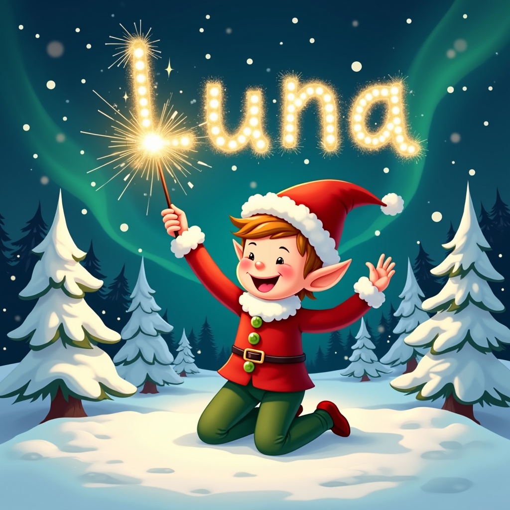 A cheerful elf wearing a classic red and green outfit kneels in a snowy landscape. The elf joyfully writes the name 'Luna' in sparkling text with a sparkler. Snow-covered trees form a festive backdrop. The night sky glows with northern lights for a magical feel. Bright, colorful, and whimsical art style captures the holiday theme.