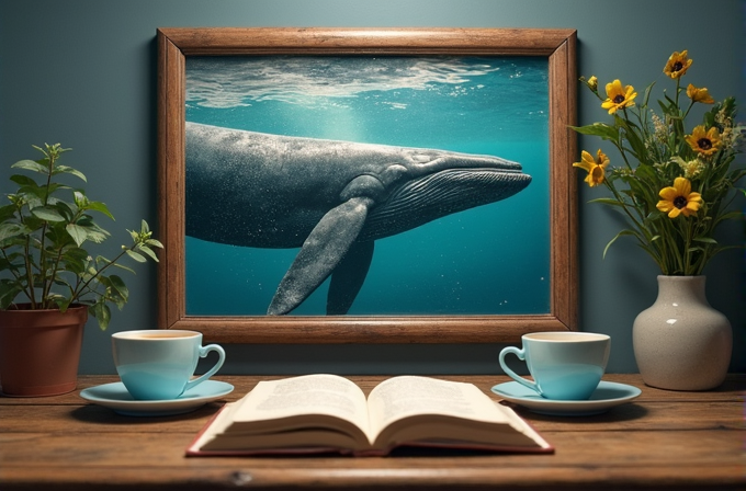 A framed picture of a whale under the sea hangs above a table with two cups, a book, and flowers.