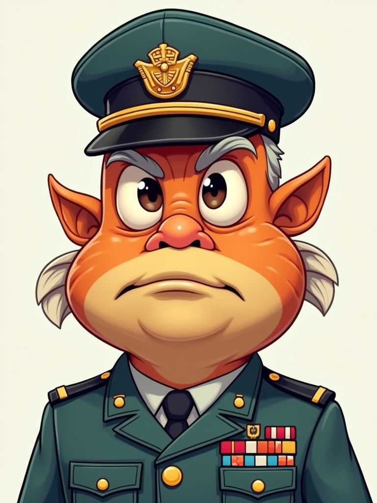 Cartoon character resembles a fish. Dressed in military uniform with hat. The character appears serious.