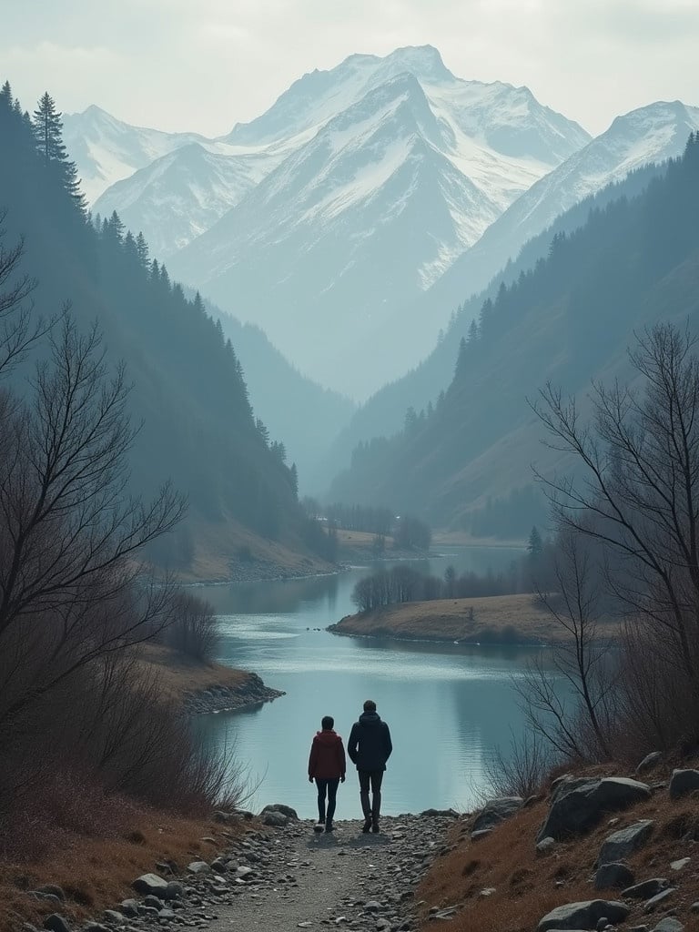 A scenic view of two hikers walking along a path beside a tranquil lake, surrounded by towering mountains. The atmosphere is peaceful with soft lighting.