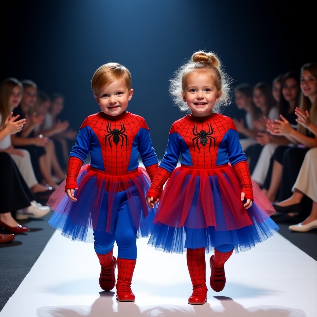 Photo of a fashion show stage. Two babies walk on the runway. They wear Spider-Man dresses. Audience cheers for them.