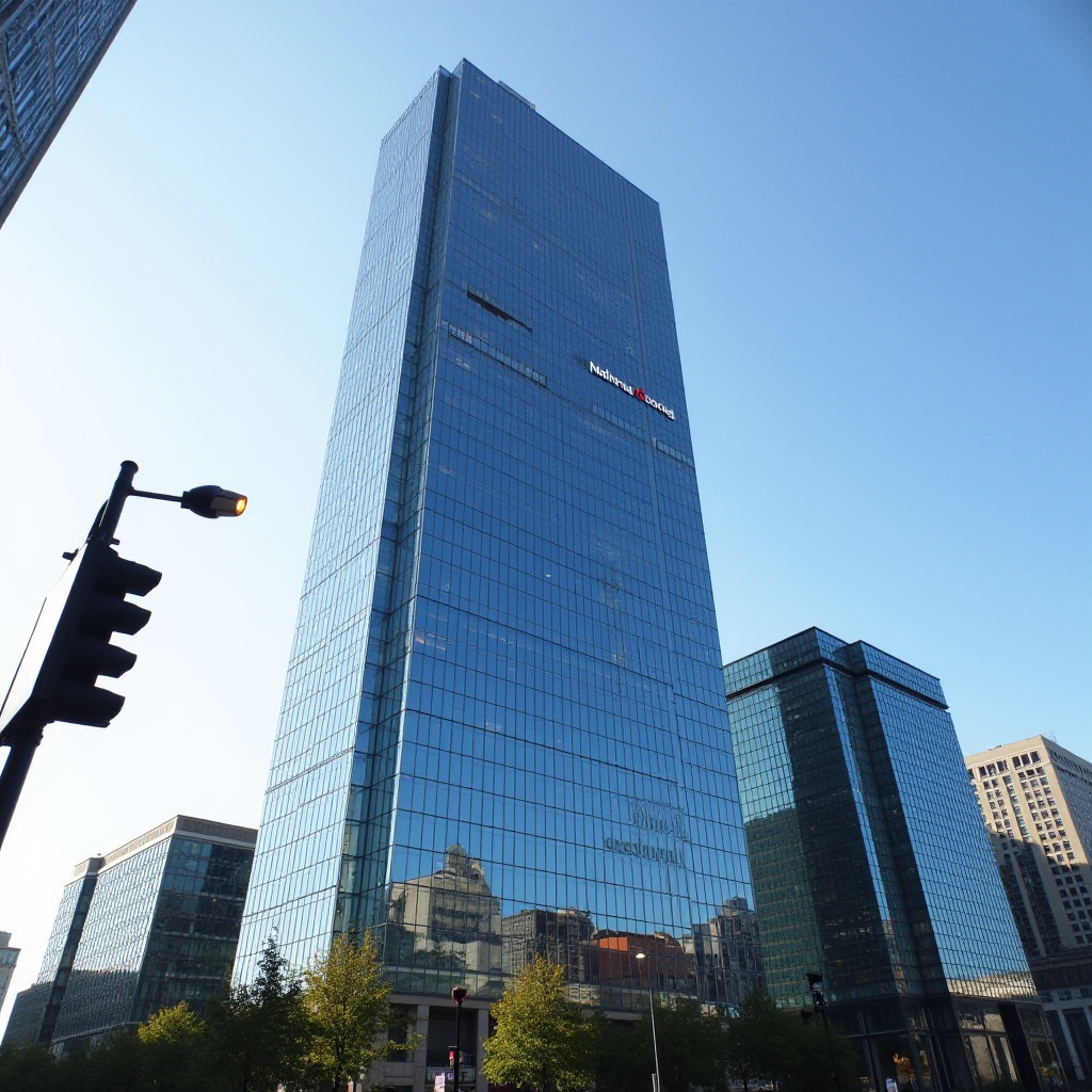 A tall, reflective glass skyscraper dominates the skyline, surrounded by other modern buildings and a clear blue sky.