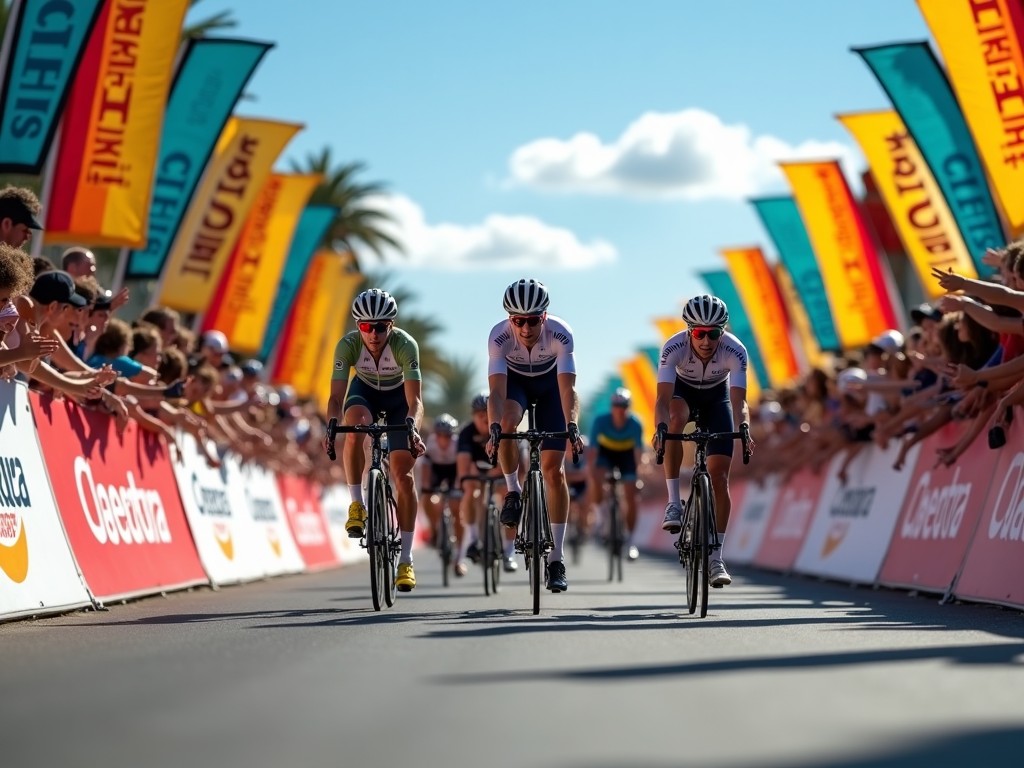 The image depicts an exciting moment in a cycling championship circuit. There are professional cyclists racing towards the finish line with a crowd of enthusiastic fans cheering along the sidelines. Bright flags and banners of various sponsors line the route, adding color and vibrancy to the scene. The atmosphere is filled with energy and passion for the sport. This captures the thrill of competitive cycling and the community spirit at major sporting events.