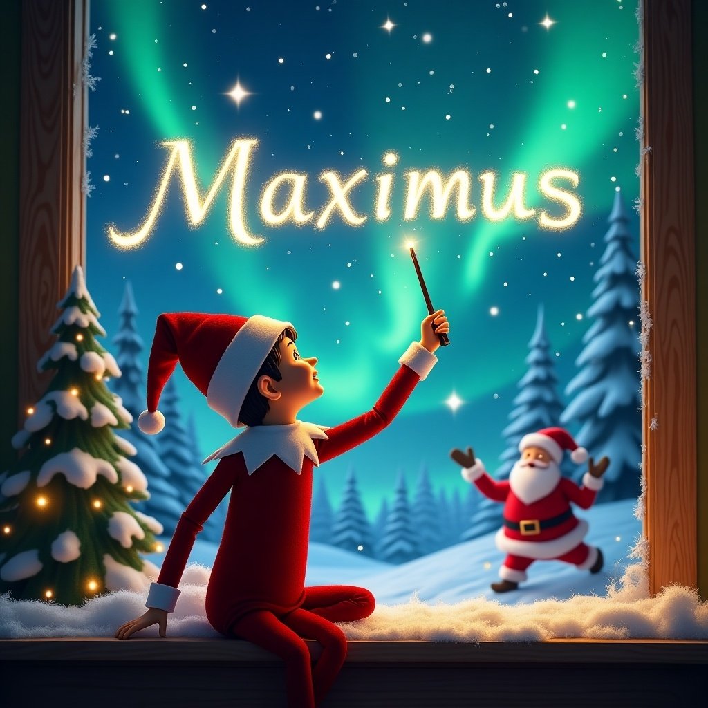 In a magical Christmas scene, an elf on the shelf is positioned with his back to the viewer, gazing up at the sky where he uses a wand to elegantly write the name 'Maximus' among the stars. The background is a winter wonderland filled with snow-covered trees, sparkling with lights. To the side, Santa Claus can be seen joyfully watching, using his own wand to spell the names 'Alex' and 'James' in the air. The atmosphere is filled with joy and holiday magic, enhanced by the mesmerizing northern lights above. This illustration captures the essence of Christmas enchantment and childhood wonder.