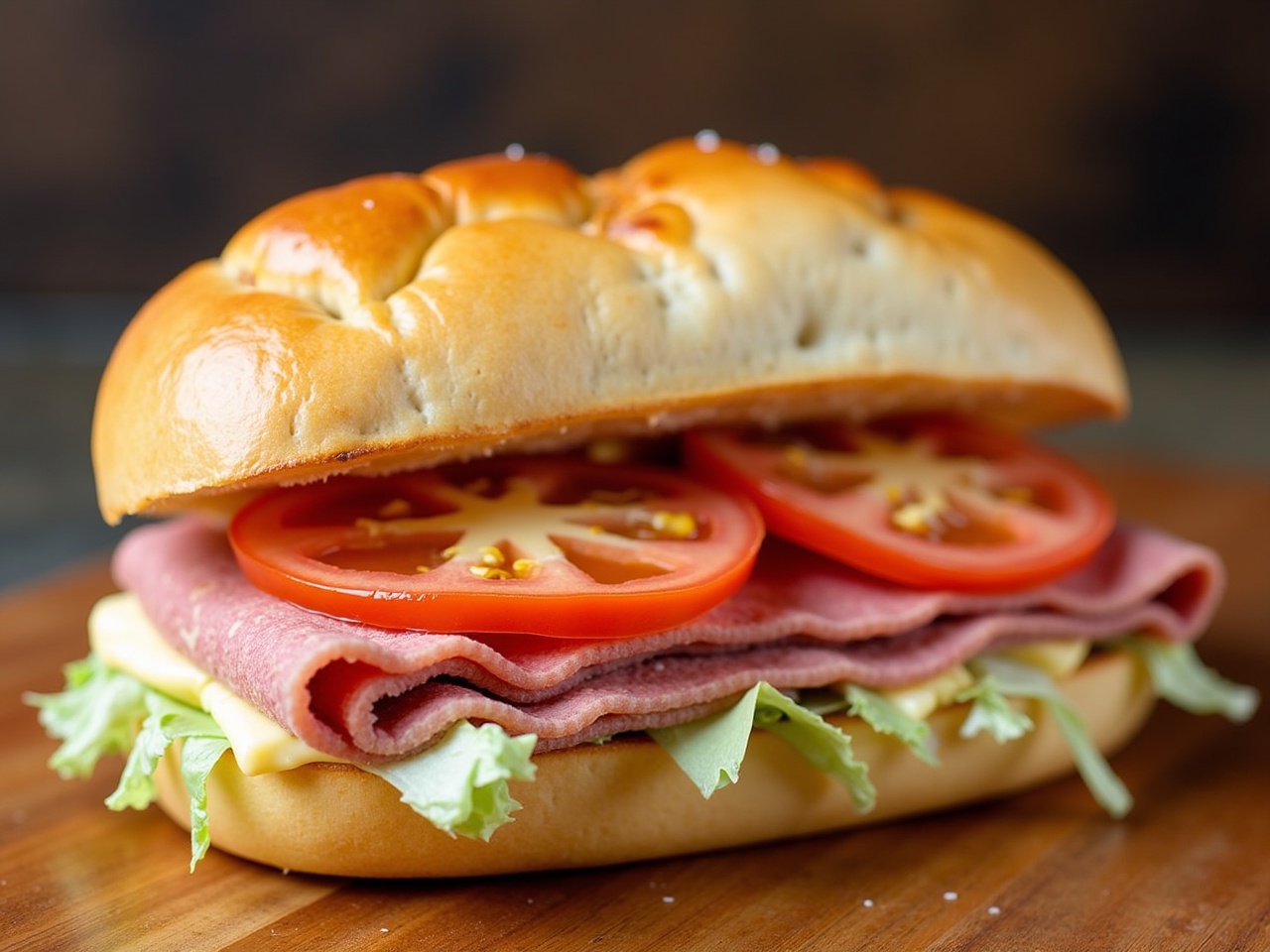 This image showcases a delicious baked ciabatta sandwich. Inside, it features layers of thinly sliced pastrami and mozzarella. Fresh tomato slices and crisp iceberg lettuce are included for added flavor and crunch. A spread of mayonnaise complements the rich ingredients. The sandwich is placed on a wooden cutting board to enhance its rustic appeal.