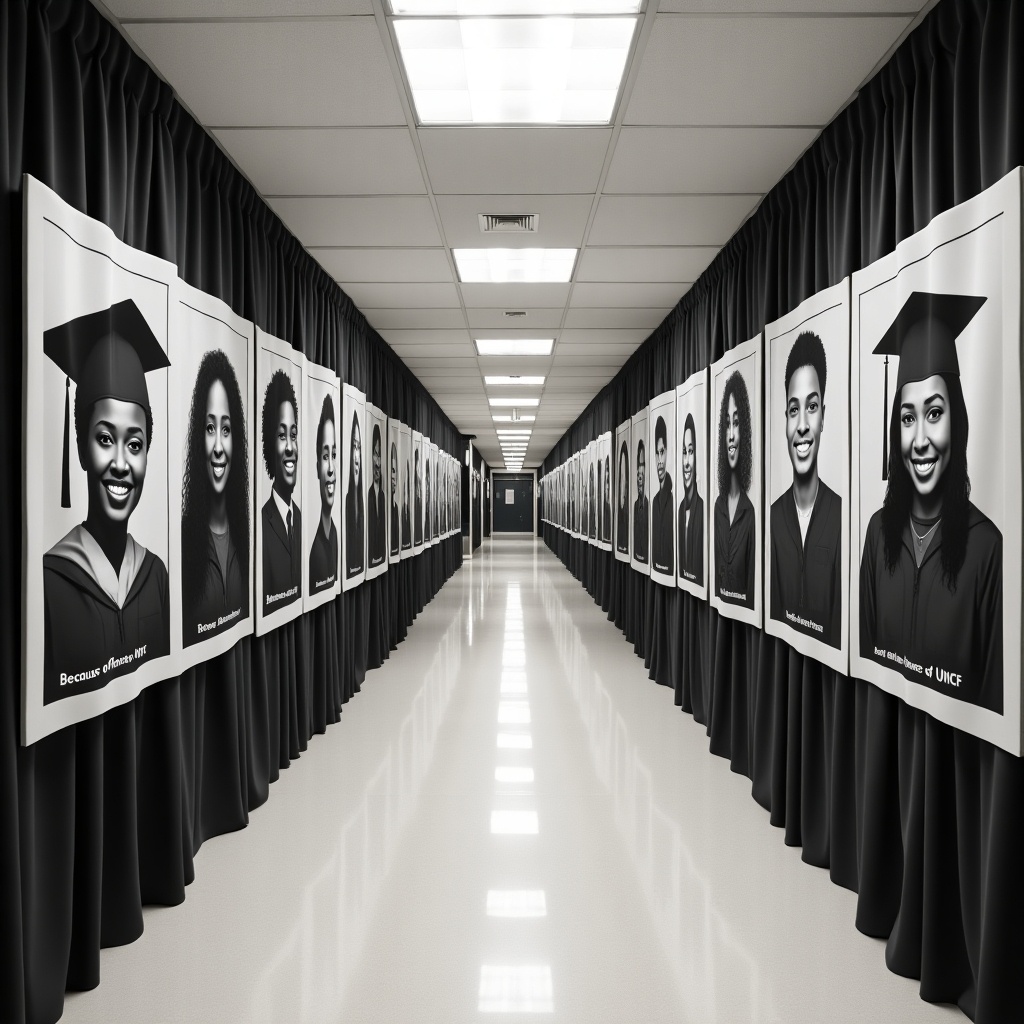 The image captures a long, wide hallway adorned with elegant black and white drapes. On the walls, there are numerous black and white photographs of both male and female African American graduates, proudly wearing their graduation caps. Each photo highlights the unique achievements and joy of the graduates. A prominent sign reads "Because of UNCF," showcasing the organization’s support for education. The well-lit hallway creates a celebratory atmosphere, inviting viewers to appreciate the accomplishment of these graduates.