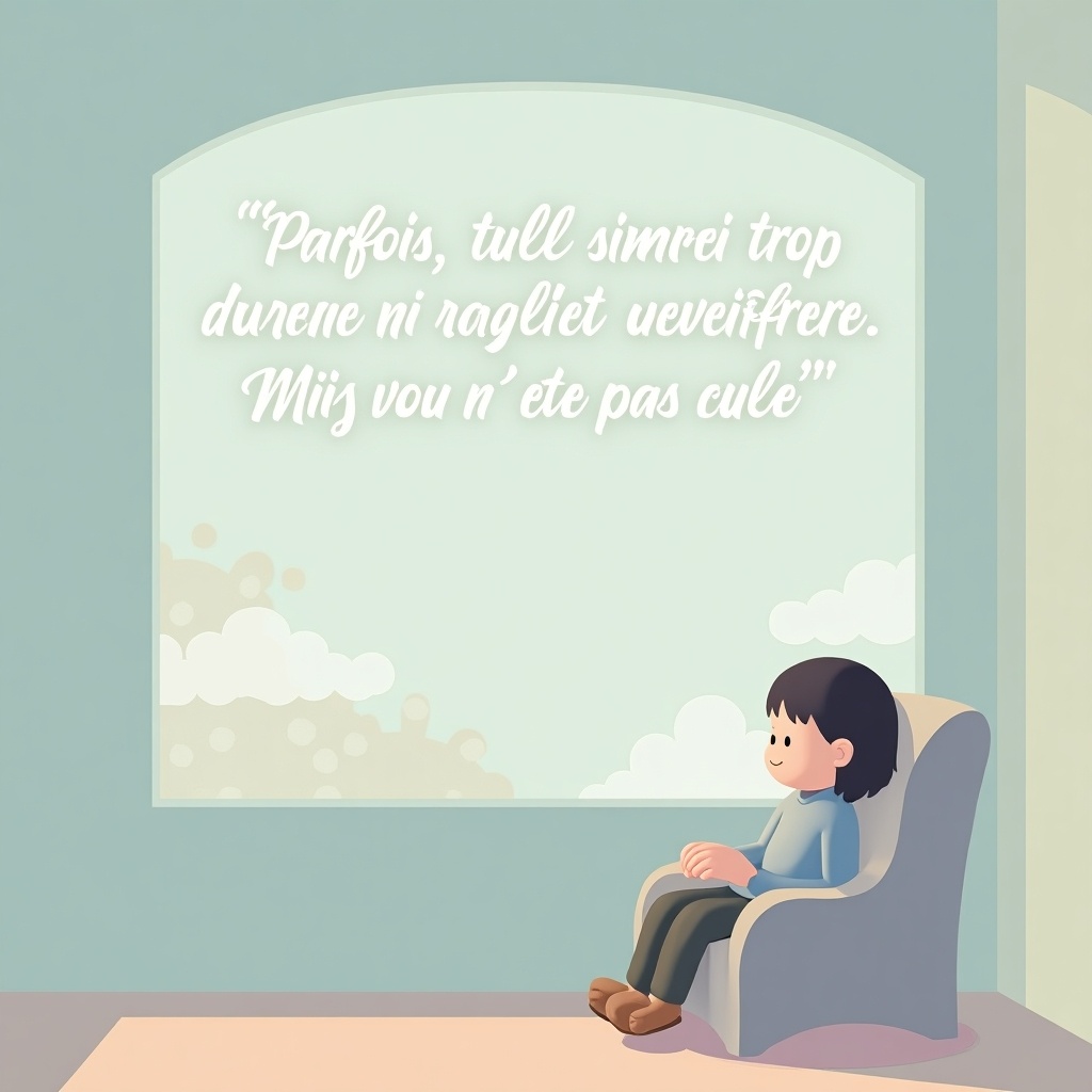 A cozy room with soft pastel colors. A stylized character sitting in a comfortable chair. The character looks out a large window. The scene feels calm but heavy. Abstract illustrations like clouds are in the background. There is a comforting quote in soft white script on the window.