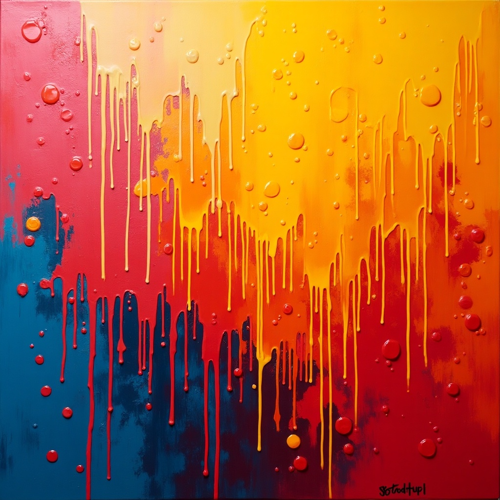 Brightly colored abstract painting featuring paint drips in vibrant shades of red, orange, and blue. The texture appears fluid with glossy elements resembling honey.