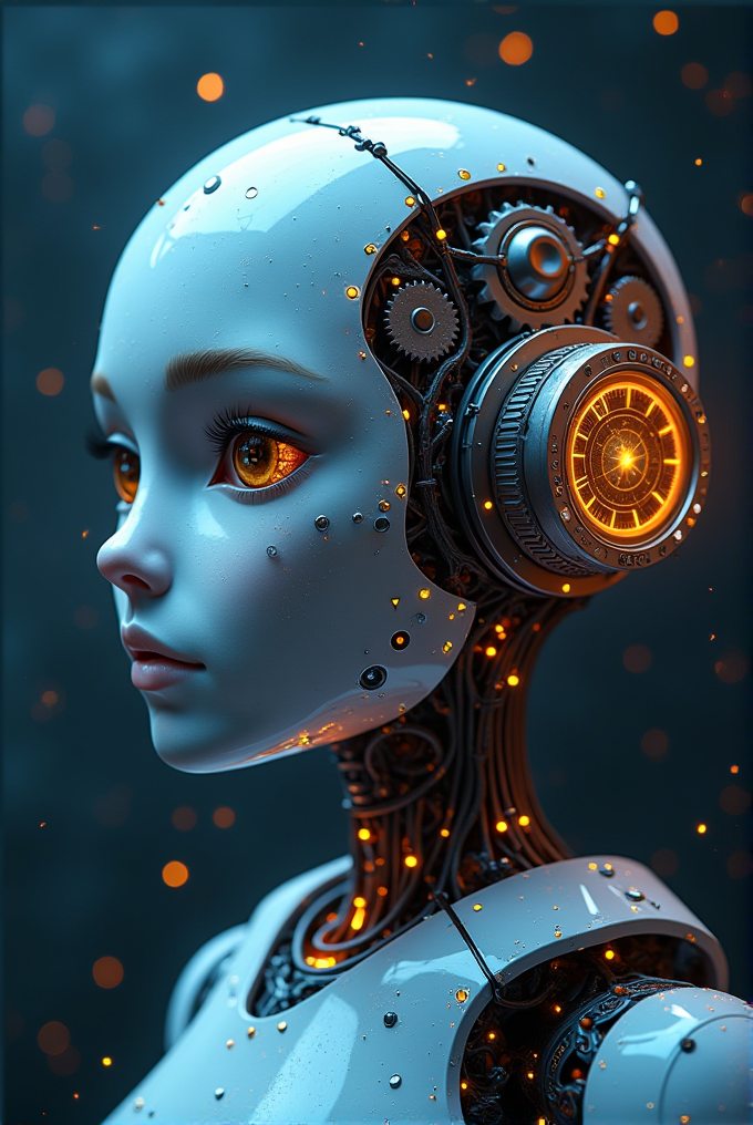 A detailed close-up of an android with intricate mechanical components, displaying glowing orange and blue lights against a dark background.