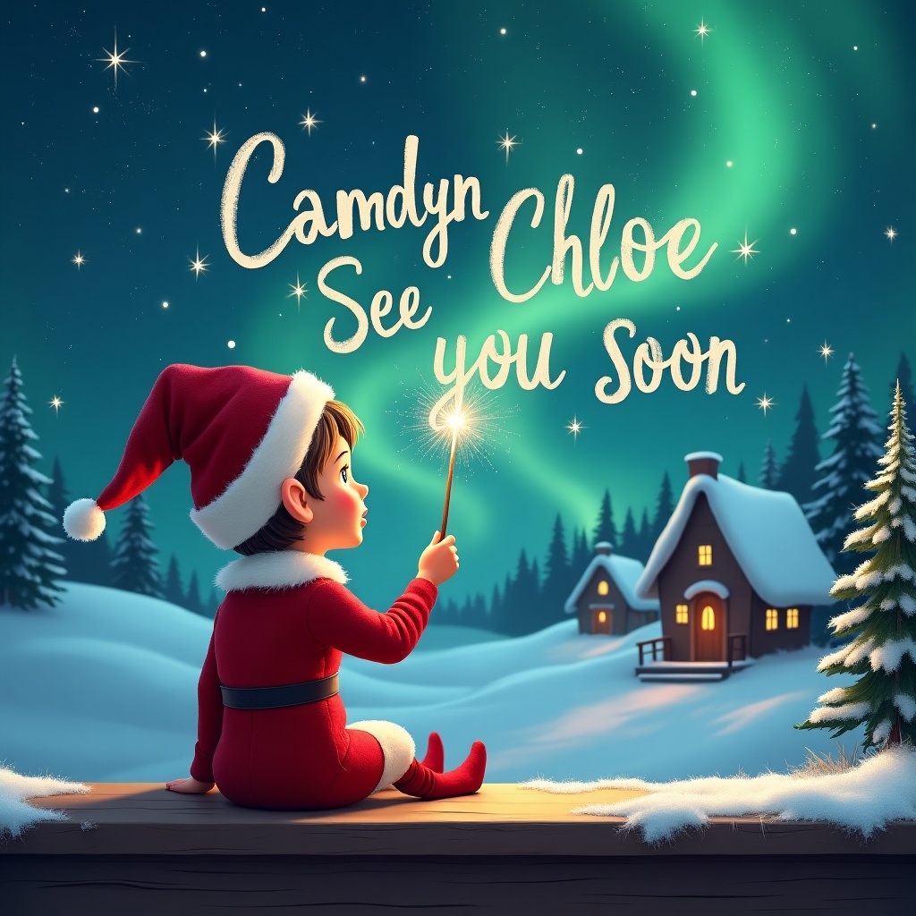 An elf with a red outfit and pointed hat sits on a ledge. The elf gazes at a magical sky. The elf holds a sparkling wand and writes 'Camdyn' and 'Chloe' along with 'See you soon'. The background features snow, charming houses, and evergreen trees under the Northern Lights.