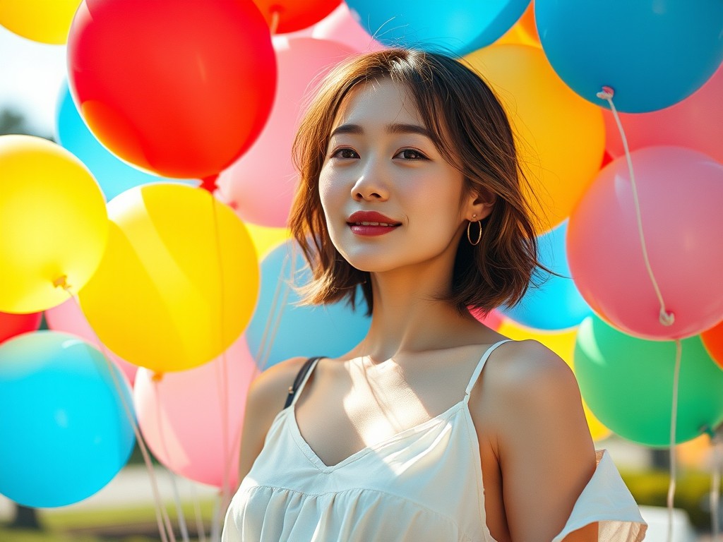 A woman smiles among a vivid collection of multicolored balloons.