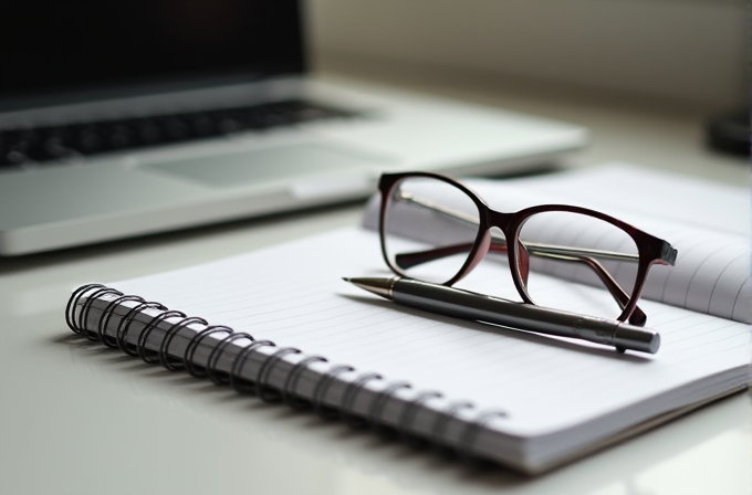 A pair of eyeglasses and a pen rest on an open notebook in front of a laptop.