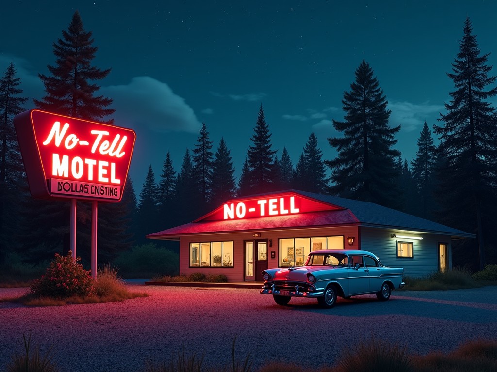 The image depicts a classic motel named 'No-Tell' lit up by bold neon signs at night. A vintage car is parked in front, adding to the nostalgic charm. The scene is set against a background of tall trees under a starry sky. The colors are vibrant and inviting, with bright reds and soft blues creating contrast. The overall atmosphere evokes feelings of adventure and reminiscence of simpler times on the open road.