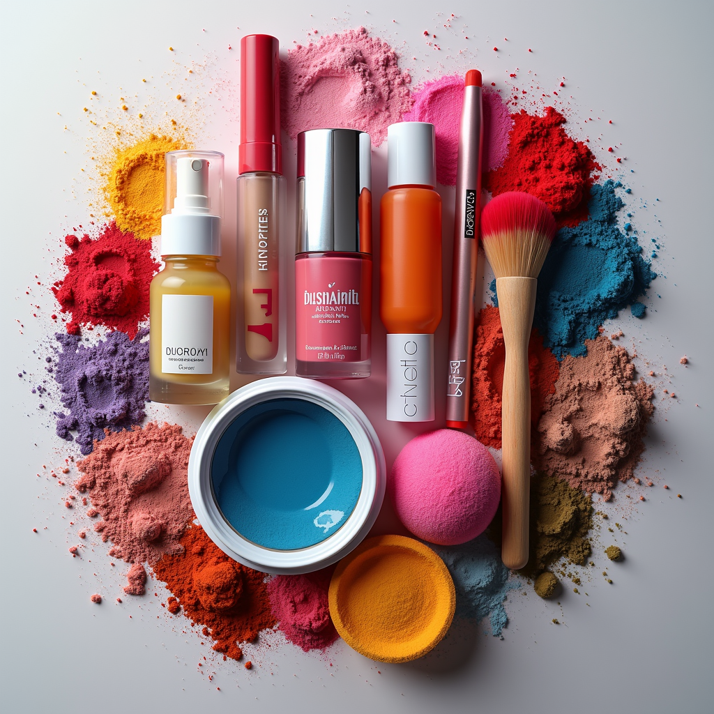 A vibrant assortment of makeup products and colorful powders artistically arranged on a white surface.