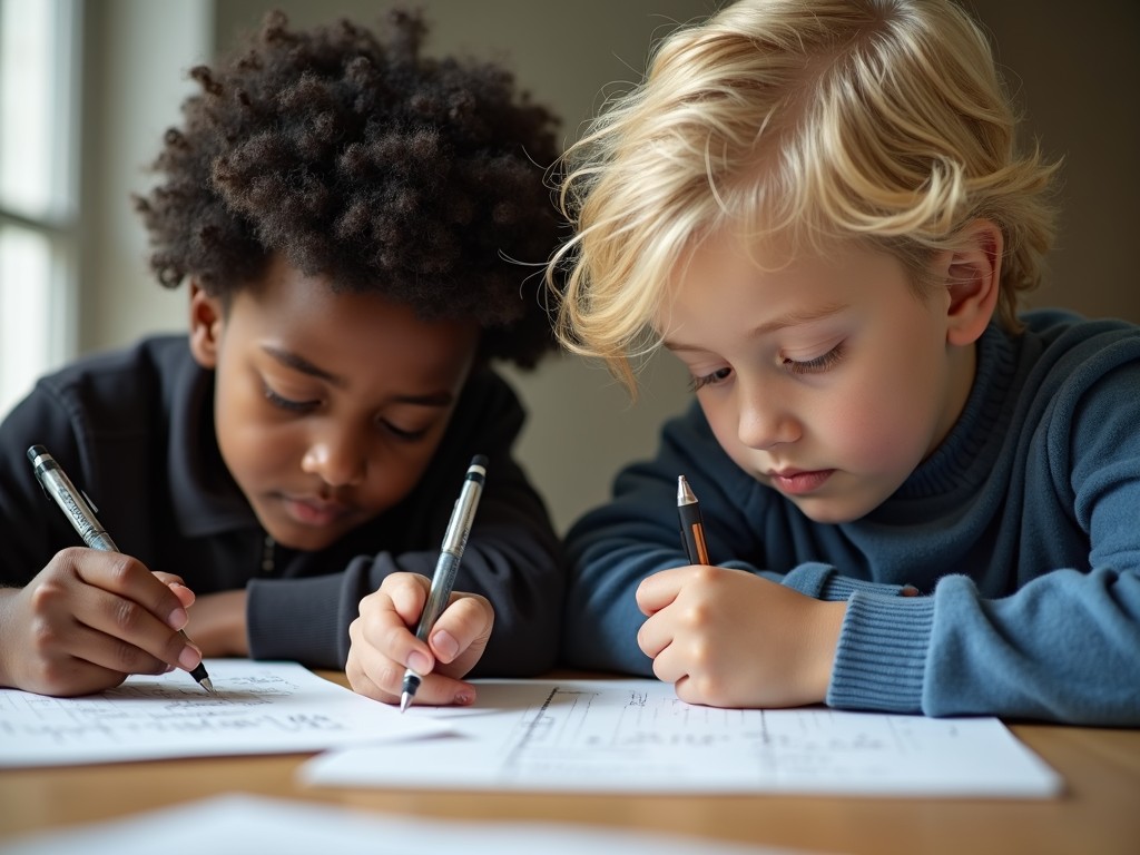 The image captures two young children deeply focused on writing in a well-lit room. They are engaged in a classroom activity, with papers and pens in their hands. The natural lighting from a nearby window casts a soft glow, highlighting their concentrated expressions and creating a sense of calm and focus.