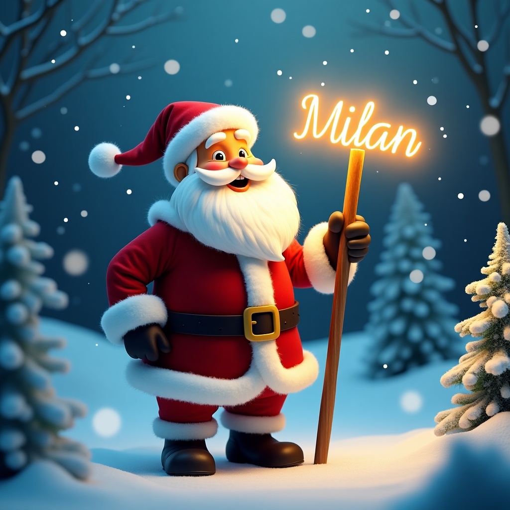 A cheerful Santa Claus stands in a snowy landscape. He wears traditional red and white attire and a festive hat. Santa holds a glowing stick that illuminates the name 'Milan'. Surrounding him are frosty trees and softly falling snow, creating a magical holiday scene.