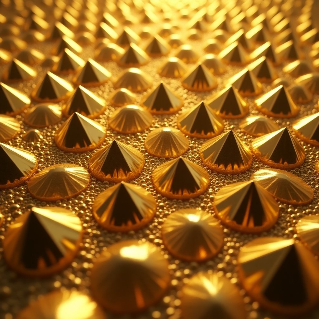 Close-up image features shiny golden pyramid shapes on a textured surface.