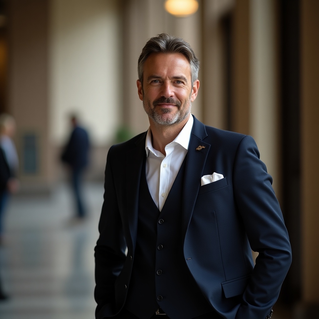 Man in elegant business attire standing in a spacious hallway. He has a confident smile and a well-groomed appearance.