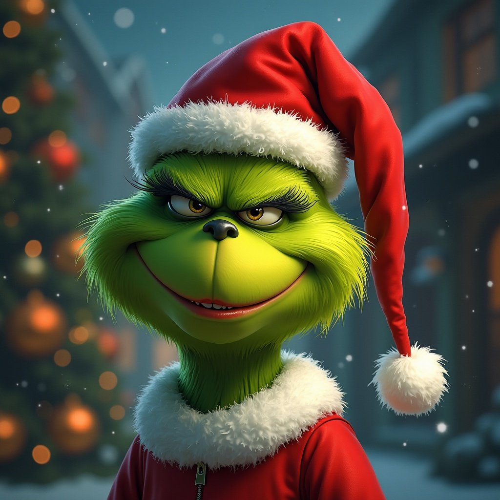 The Grinch character wearing a Santa hat stands in front of a decorated Christmas tree. Grinch shows signs of reluctance. Scene appears festive with holiday decor.