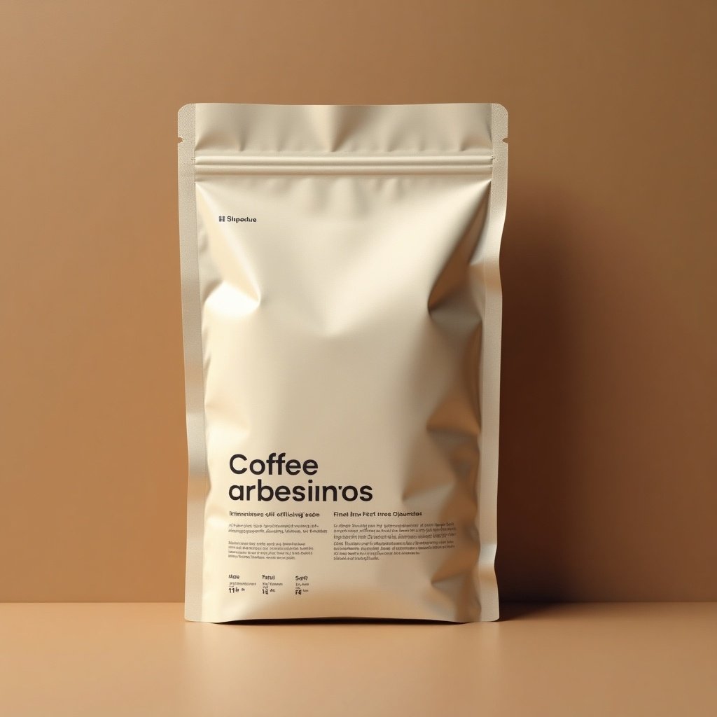 Minimalistic packet of coffee brand. Design emphasizes typography with clean fonts. Warm tone creates calm and tranquility.